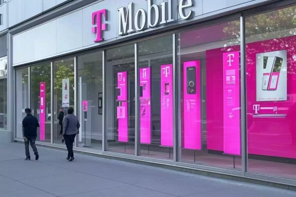 Storefront of a T-Mobile shop with large pink advertising panels on the windows and two people walking on the sidewalk. Storefront of a T-Mobile shop with large pink advertising panels on the windows and two people walking on the sidewalk.