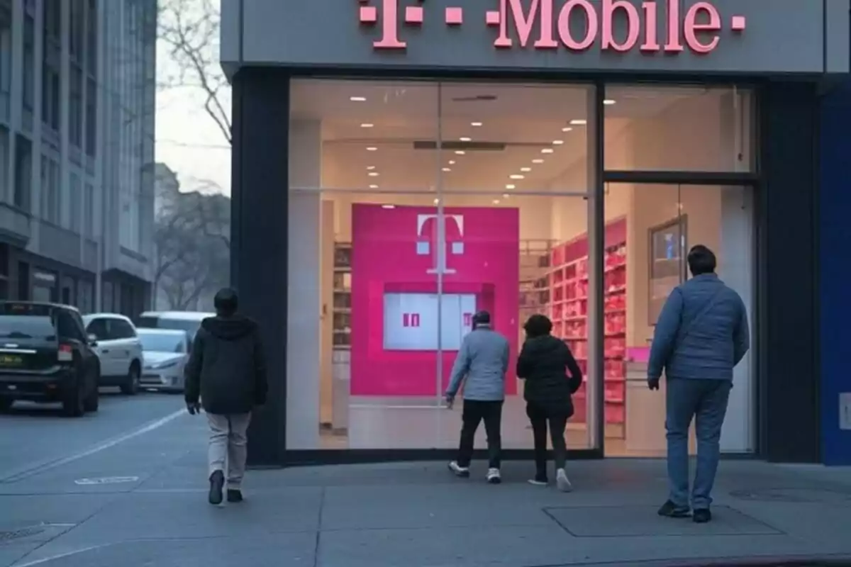 People walking toward the entrance of a T-Mobile store on a city street. People walking toward the entrance of a T-Mobile store on a city street.