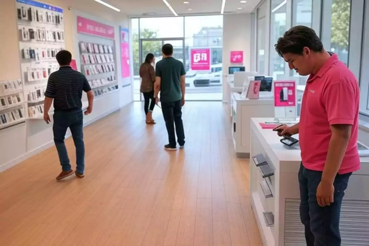 Personas caminando y observando productos en una tienda de tecnología con un empleado revisando un dispositivo en el mostrador.