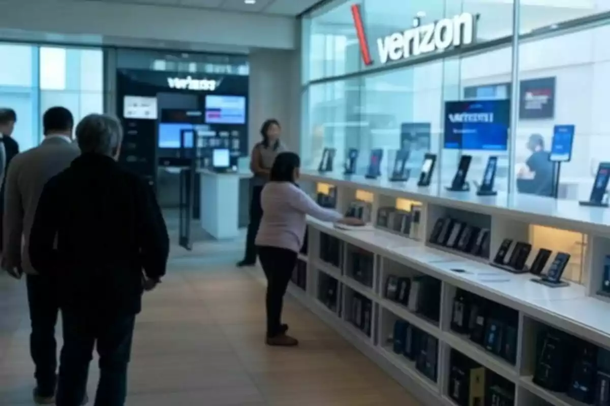 People walking and looking at electronic devices in a Verizon store. People walking and looking at electronic devices in a Verizon store.