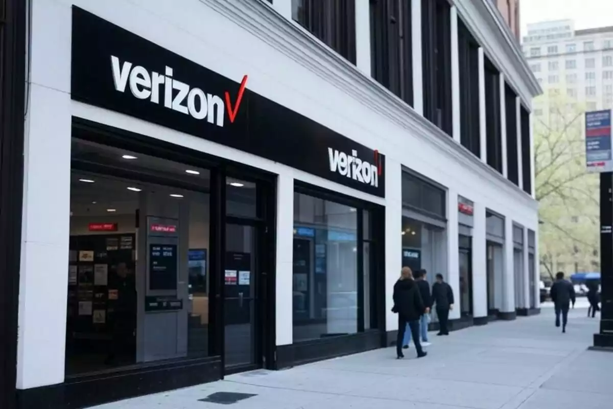 Façana d'una botiga de telecomunicacions amb persones caminant per la vorera. Façana d'una botiga de telecomunicacions amb persones caminant per la vorera.