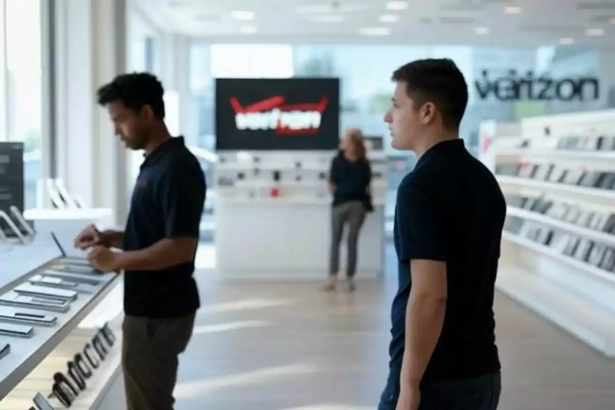 Two people in a tech store are looking at devices on a table while a screen displays a logo in the background. Two people in a tech store are looking at devices on a table while a screen displays a logo in the background.