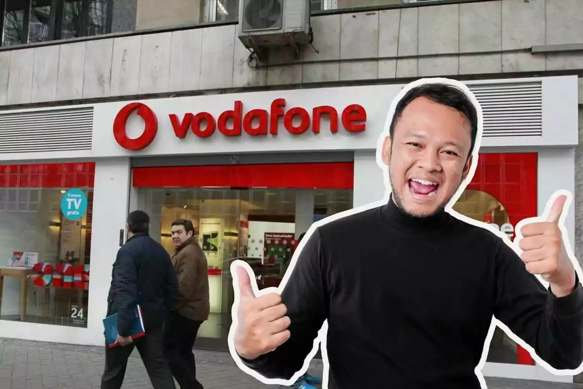 Un home somrient amb polzes a dalt davant una botiga de Vodafone.