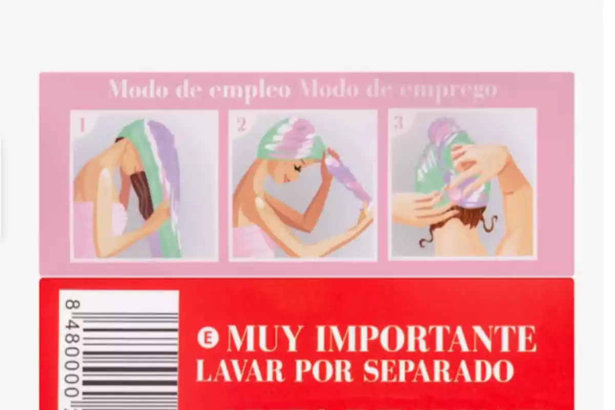 Instruccions il·lustrades per embolicar els cabells amb una tovallola, acompanyades d'una advertència de rentat per separat. Instruccions il·lustrades per embolicar els cabells amb una tovallola, acompanyades d'una advertència de rentat per separat.