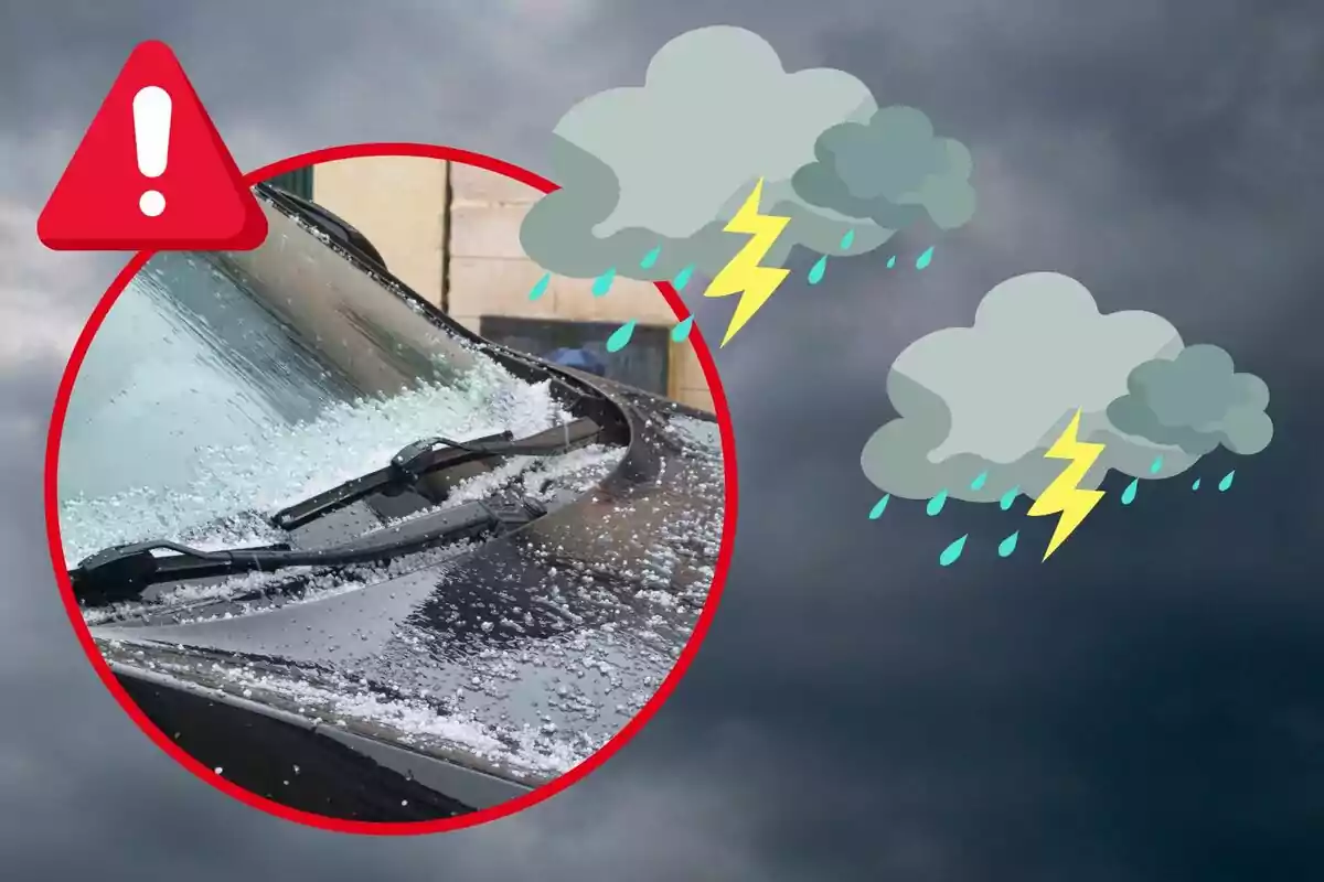 Advertència de tempesta amb calamarsa i llampecs, mostrant un parabrisa de cotxe cobert de calamarsa.