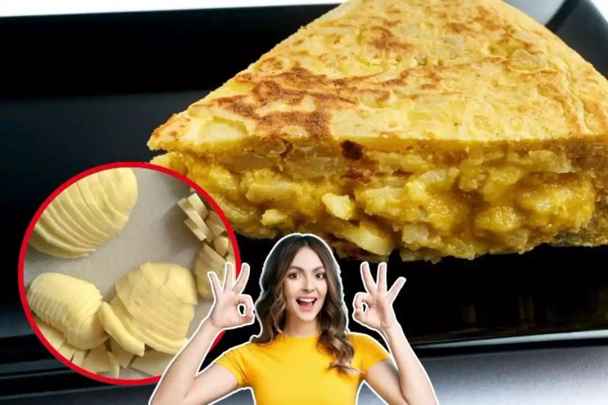 Imatge de fons d´un tros de truita de patata sucós, al costat d´una imatge d´unes patates crues tallades a làmines i una altra imatge d´una dona amb gest d´aprovació