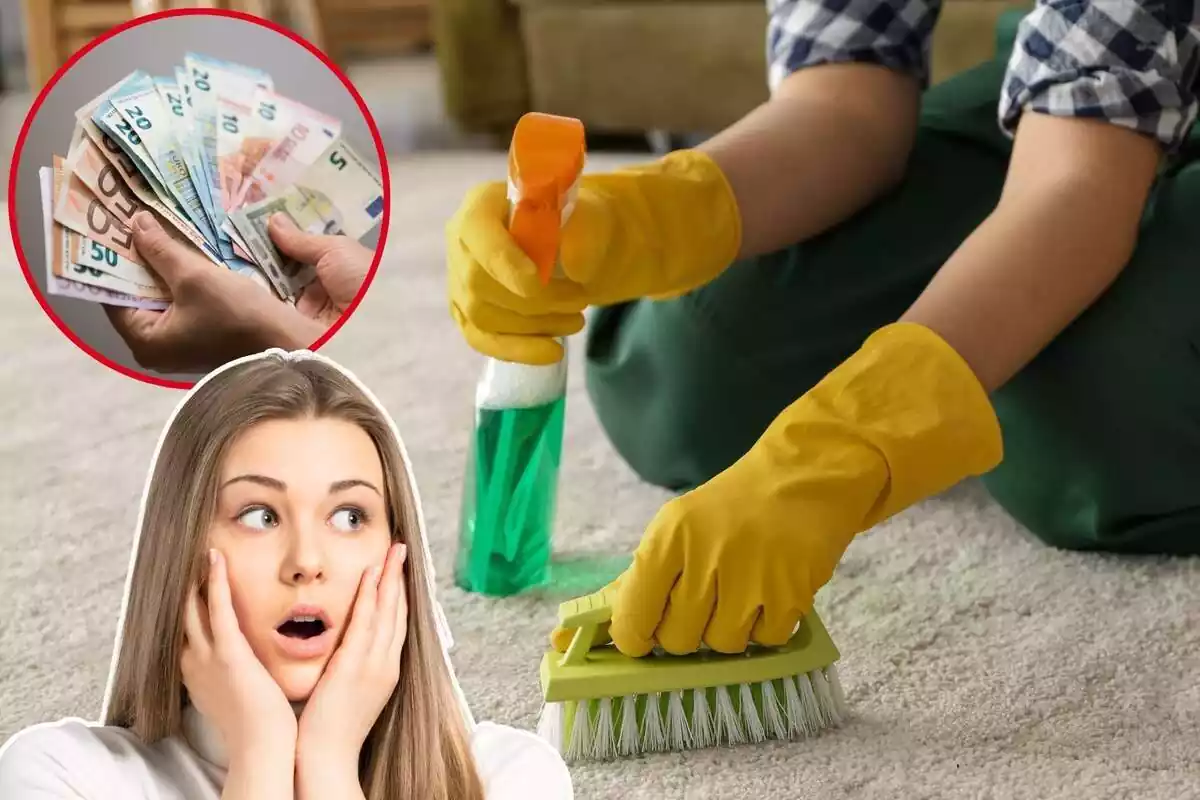 Imatge de fons d'una persona netejant una catifa amb un raspall i un producte, juntament amb una altra imatge d'una dona sorpresa i una altra d'una mà amb bitllets d'euros