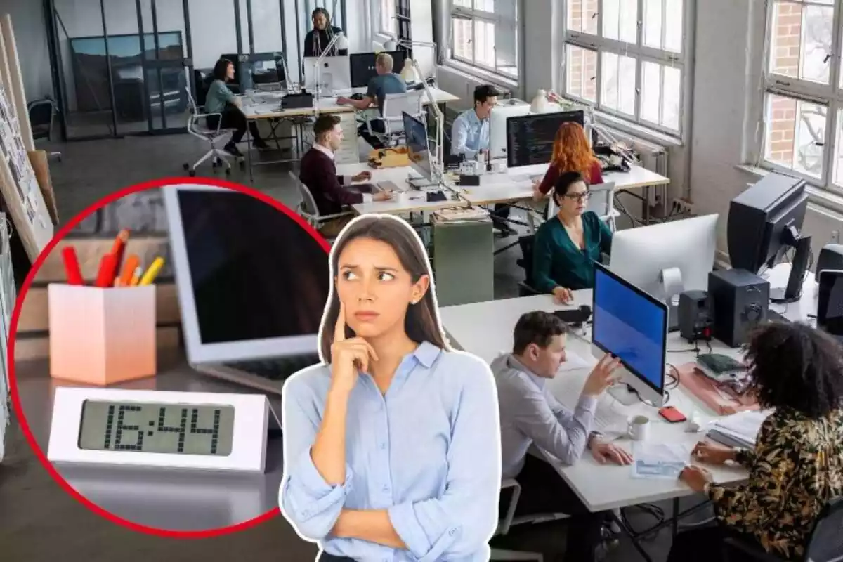 Imatge de fons d'una oficina amb persona treballant, amb una altra imatge d'una dona amb gest pensatiu i una altra imatge d'un rellotge digital que marca les 16.44 de la tarda