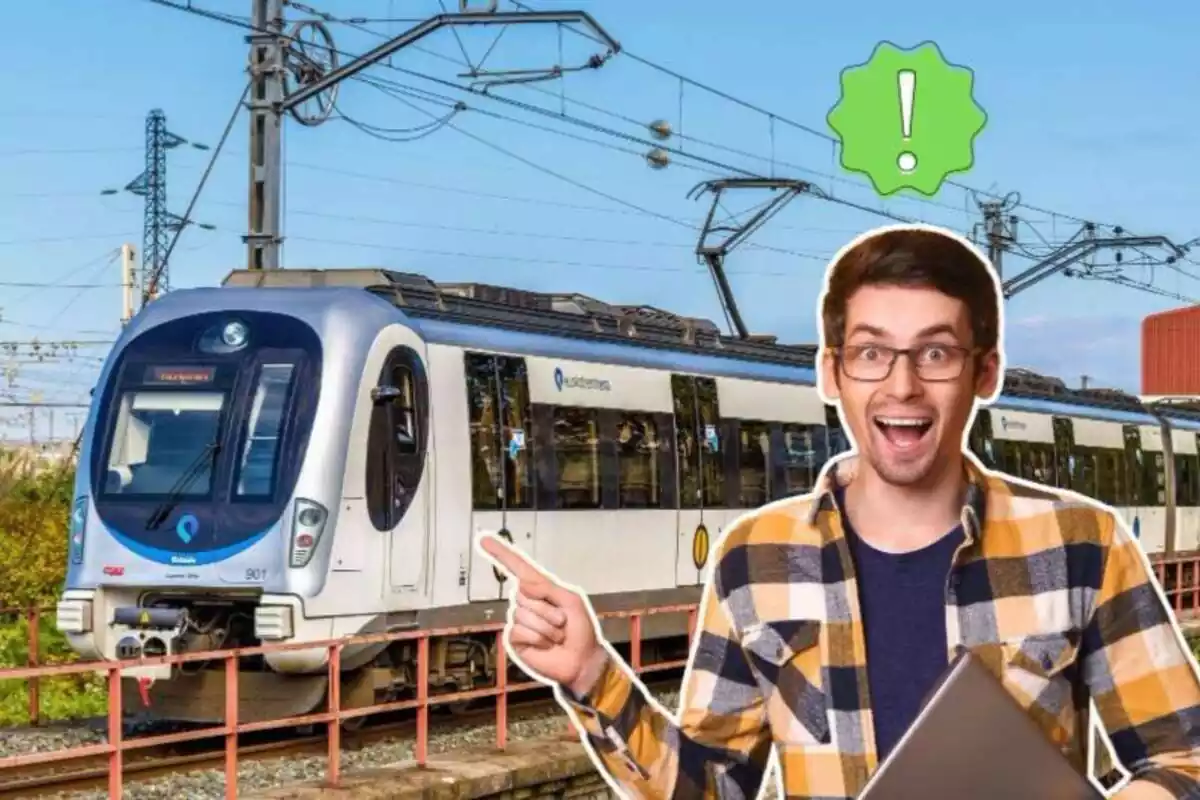 Imatge de fons d´un tren circulant al costat d´una altra d´un noi amb gest content i un ordinador portàtil a la mà