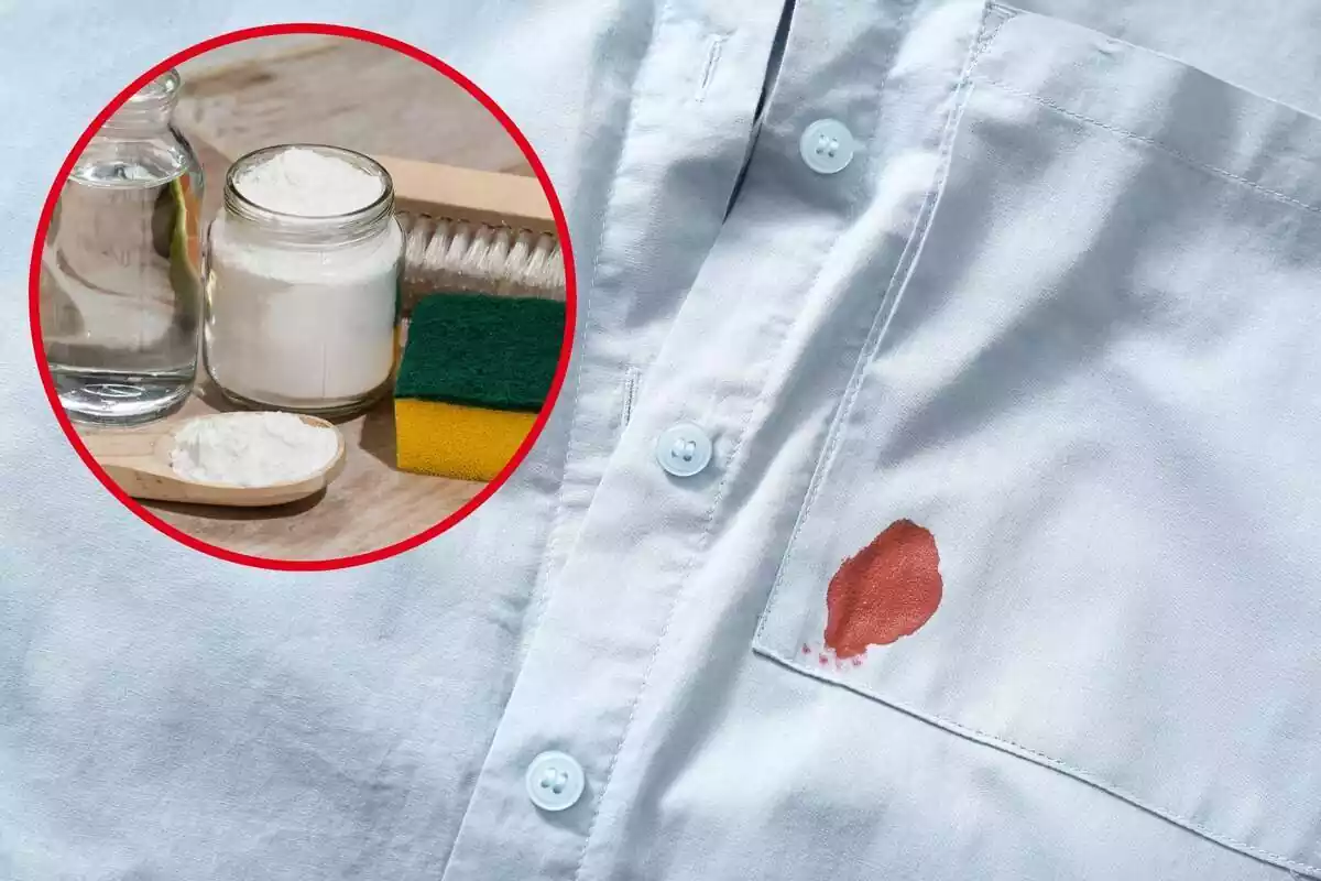 Imatge d'una camisa amb una taca de sang i una imatge destacada de bicarbonat, vinagre i un fregall