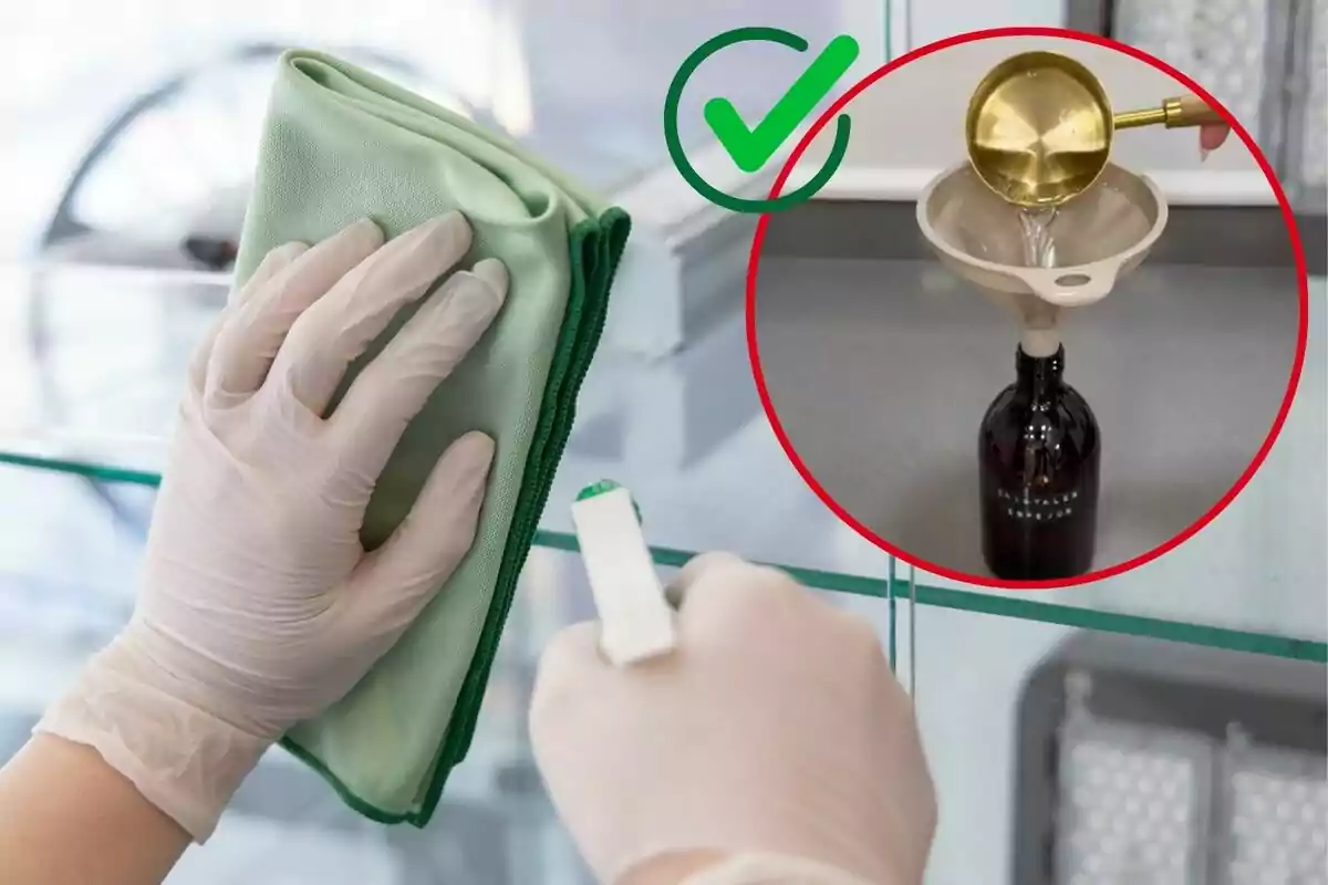 Imatge de fons d´unes mans amb guants netejant uns vidres i una altra imatge d´una captura d´un vídeo d´una persona barrejant productes en un pot