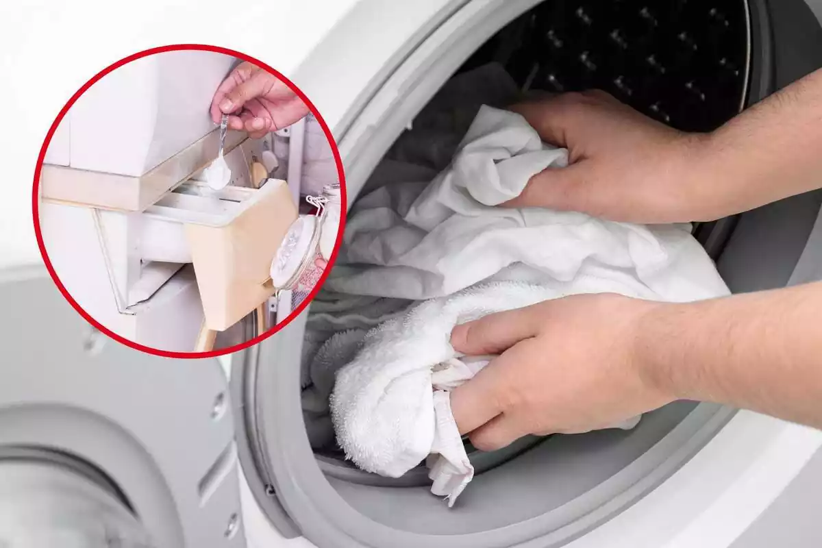 Muntatge amb persona introduint roba blanca a la rentadora i cercle vermell amb persona fent cullerada de bicarbonat a la rentadora