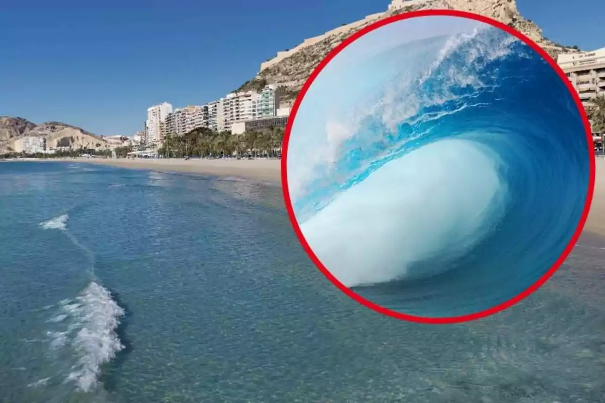 Beach with buildings in the background and a red circle showing a large wave. Beach with buildings in the background and a red circle showing a large wave.