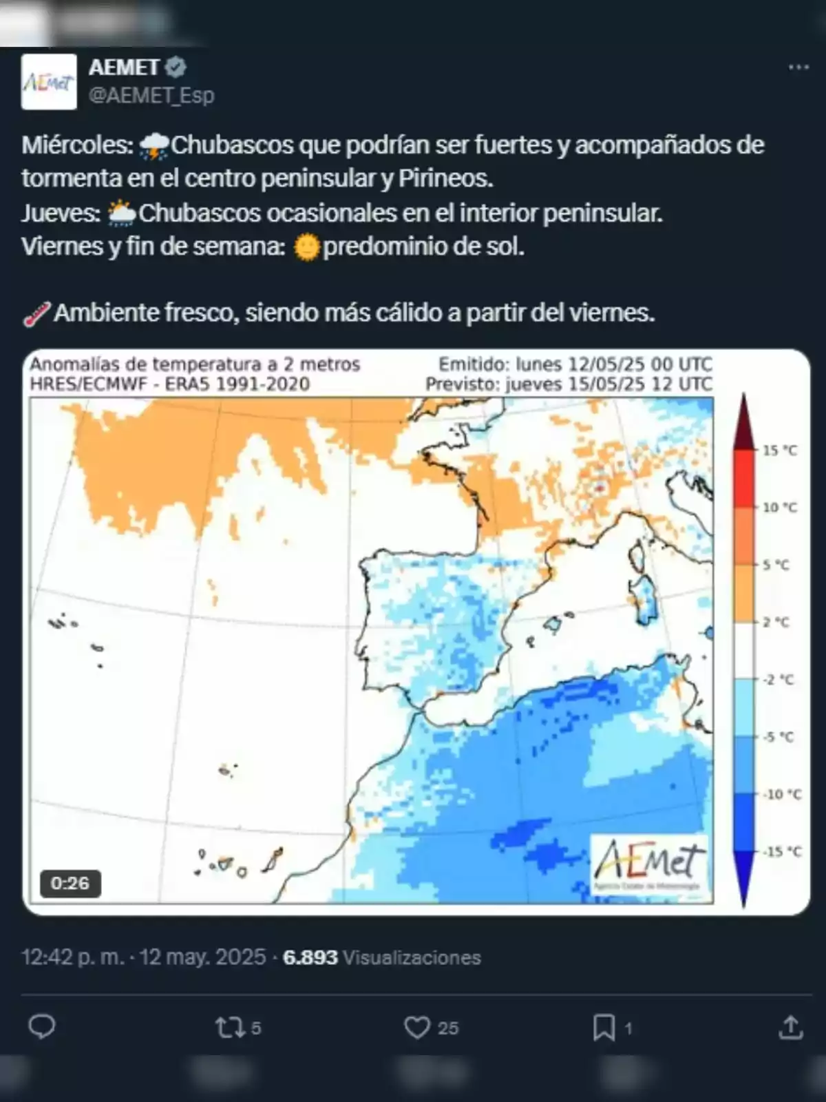 L'AEMET informa sobre el temps d'aquesta setmana de maig de 2025: dimecres hi haurà ruixats forts amb tempestes al centre peninsular i Pirineus; dijous s'esperen ruixats ocasionals a l'interior peninsular; divendres i el cap de setmana predominarà el sol; l'ambient serà fresc, però s'espera que sigui més càlid a partir de divendres. L'AEMET informa sobre el temps d'aquesta setmana de maig de 2025: dimecres hi haurà ruixats forts amb tempestes al centre peninsular i Pirineus; dijous s'esperen ruixats ocasionals a l'interior peninsular; divendres i el cap de setmana predominarà el sol; l'ambient serà fresc, però s'espera que sigui més càlid a partir de divendres.