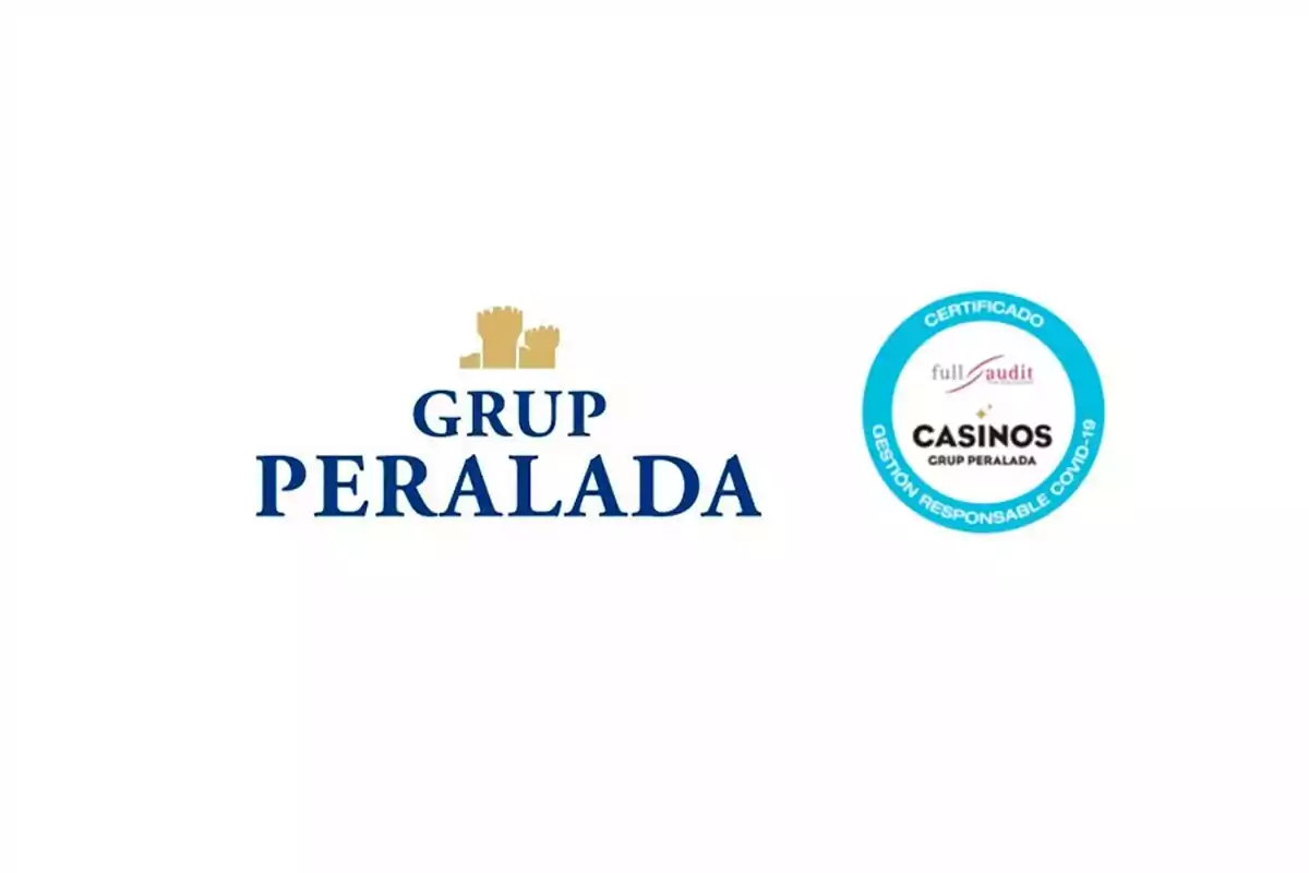 Logos de Grup Peralada i certificat de gestió responsable COVID-19 de Casinos Grup Peralada.