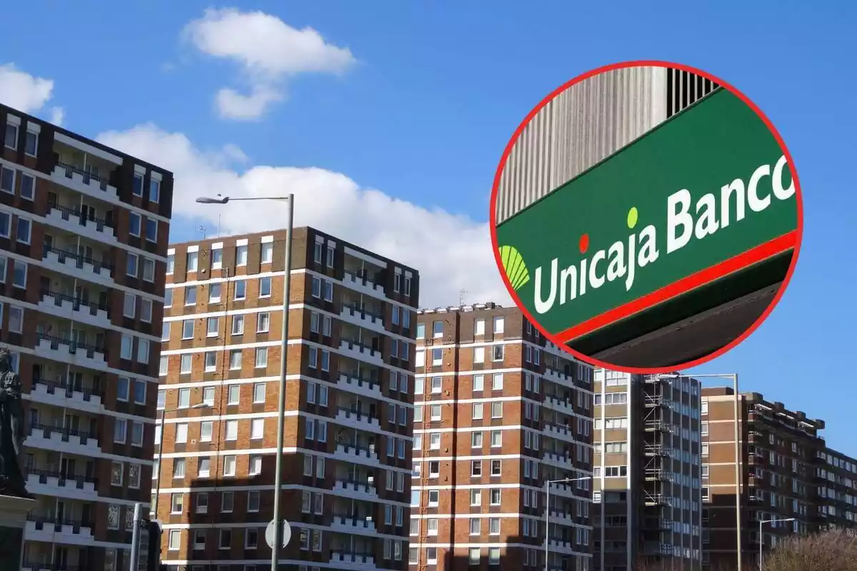 Montage of blocks of flats and the Unicaja logo.