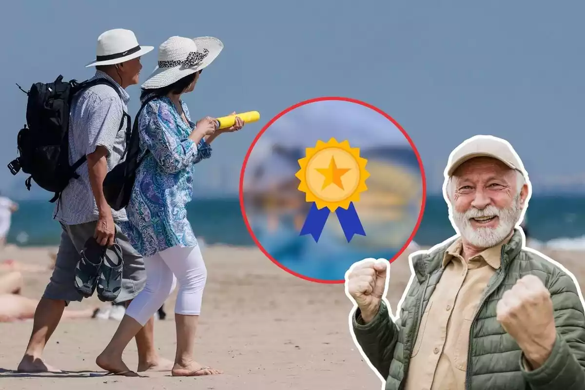 Imatge de fons de diverses persones en una platja de València, amb una altra imatge d'un home gran content i de la ciutat de les arts i les ciències de València en una imatge difuminada, amb una medalla al davant