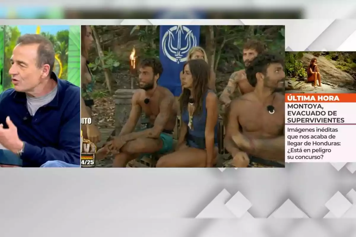 Alessandro Lequio en un estudi de televisió parla mentre a la pantalla es mostra a diversos participants d'un reality show en una illa, amb un avís d'última hora sobre l'evacuació d'un concursant. Captura de 'Vamos a ver'. Alessandro Lequio en un estudi de televisió parla mentre a la pantalla es mostra a diversos participants d'un reality show en una illa, amb un avís d'última hora sobre l'evacuació d'un concursant. Captura de 'Vamos a ver'.