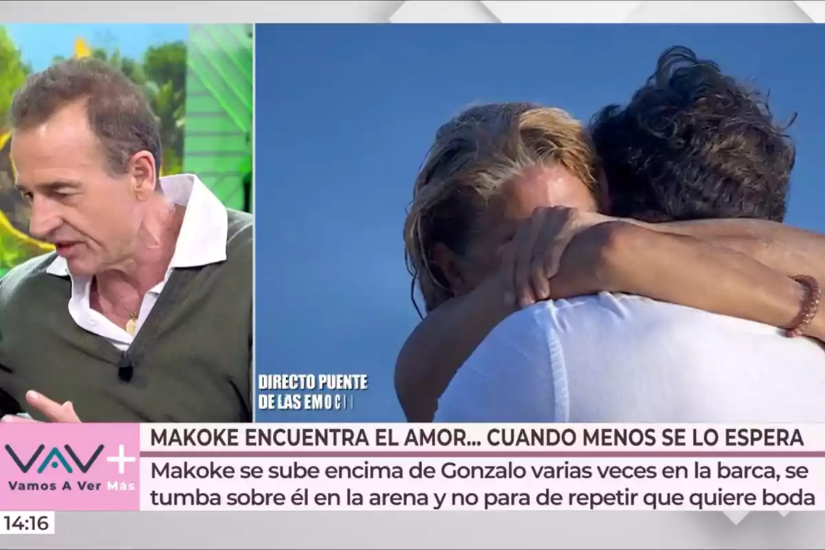Un programa de televisió mostra a Makoke i Gonzalo abraçant-se mentre Alessandro Lequio comenta sobre l'amor inesperat. Captura de 'Vamos a Ver'. Un programa de televisió mostra a Makoke i Gonzalo abraçant-se mentre Alessandro Lequio comenta sobre l'amor inesperat. Captura de 'Vamos a Ver'.