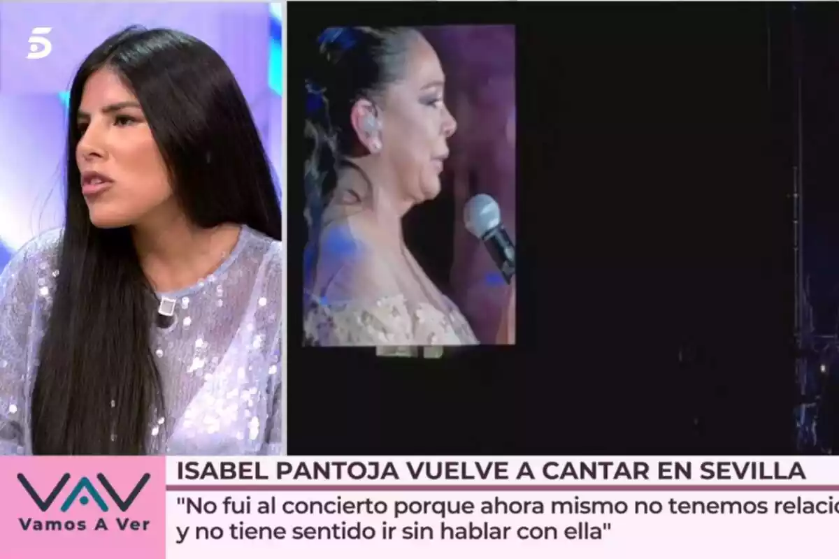 Captura de 'Vamos a Ver' amb Isa Pantoja a plató amb una samarreta brillant parlant del concert d'Isabel Pantoja el 25 de setembre de 2023