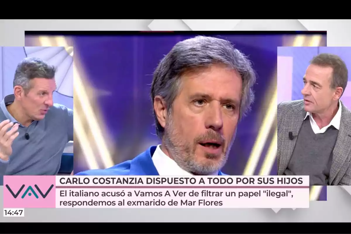 Joaquín Prat, Carlo Costanzia i Alessandro Lequio a 'Vamos a ver' discuteixen sobre un tema relacionat amb Carlo Costanzia i una acusació de filtració d'un document. Joaquín Prat, Carlo Costanzia i Alessandro Lequio a 'Vamos a ver' discuteixen sobre un tema relacionat amb Carlo Costanzia i una acusació de filtració d'un document.