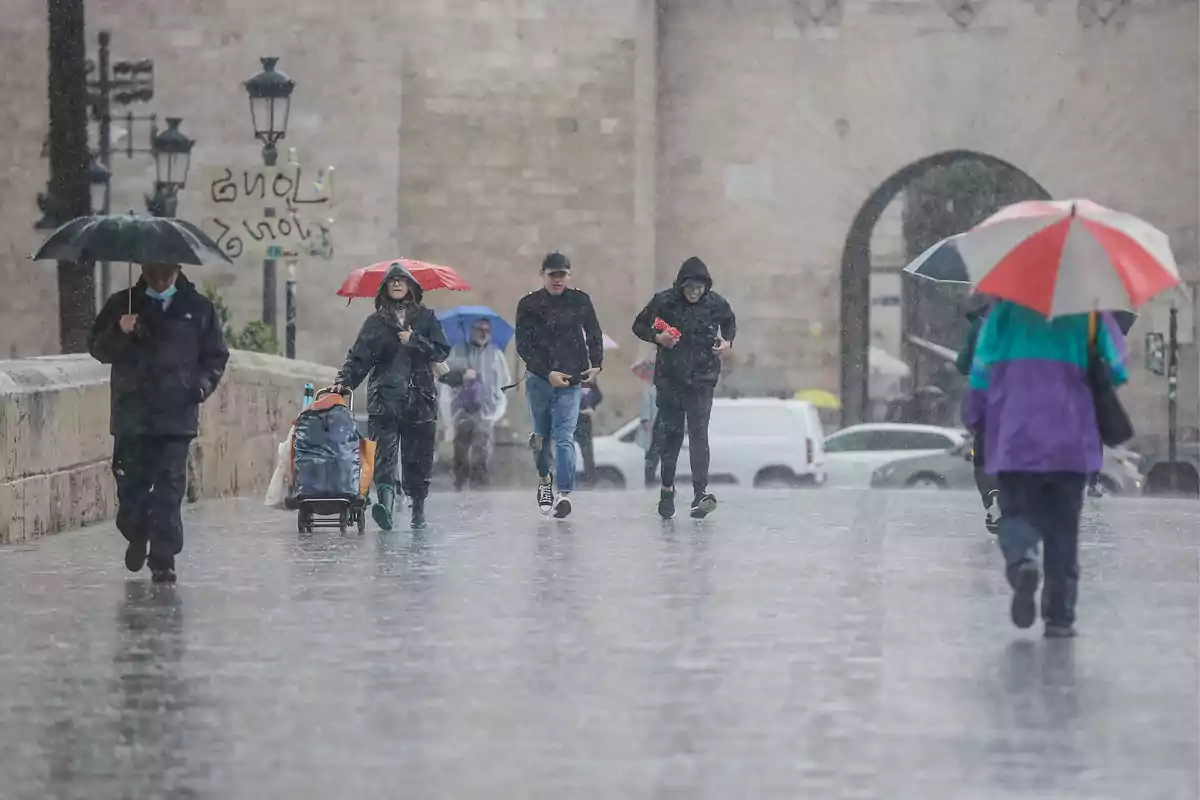 Persones caminant sota la pluja amb paraigües en un carrer urbà. Persones caminant sota la pluja amb paraigües en un carrer urbà.