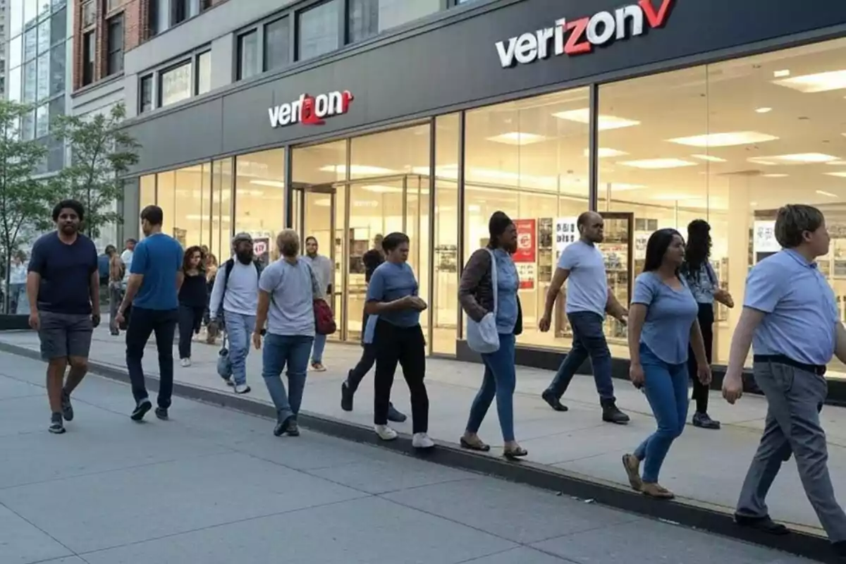 People walking on the sidewalk in front of a Verizon store. People walking on the sidewalk in front of a Verizon store.