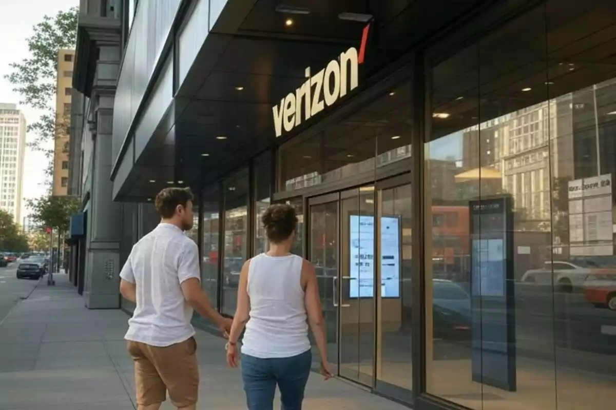 A couple walking toward the entrance of a Verizon store on a city street. A couple walking toward the entrance of a Verizon store on a city street.