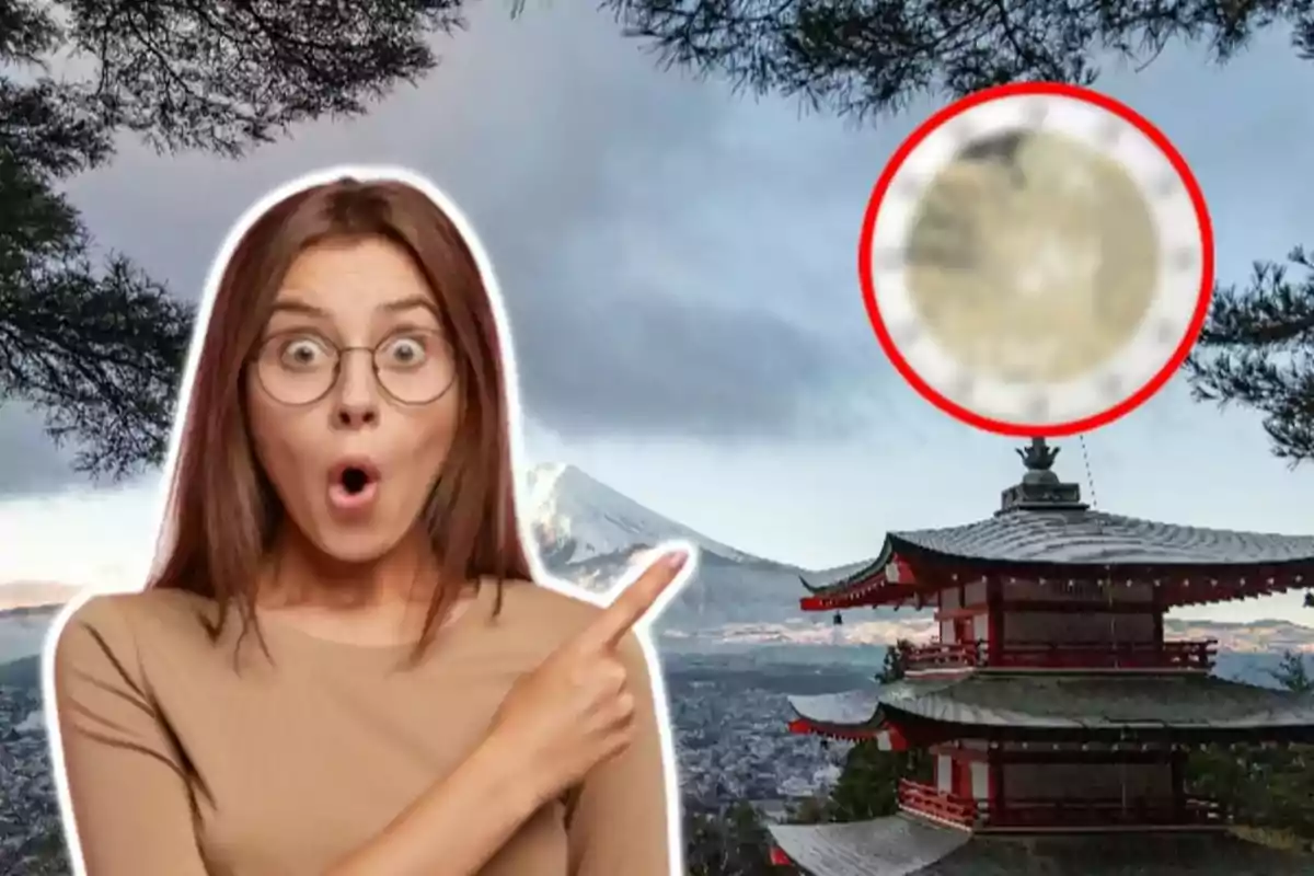 Una dona amb expressió de sorpresa assenyala cap a un temple japonès amb un cercle vermell ressaltant una àrea al cel.