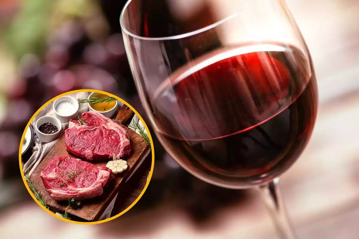 A glass of red wine and a yellow circle with two pieces of red meat