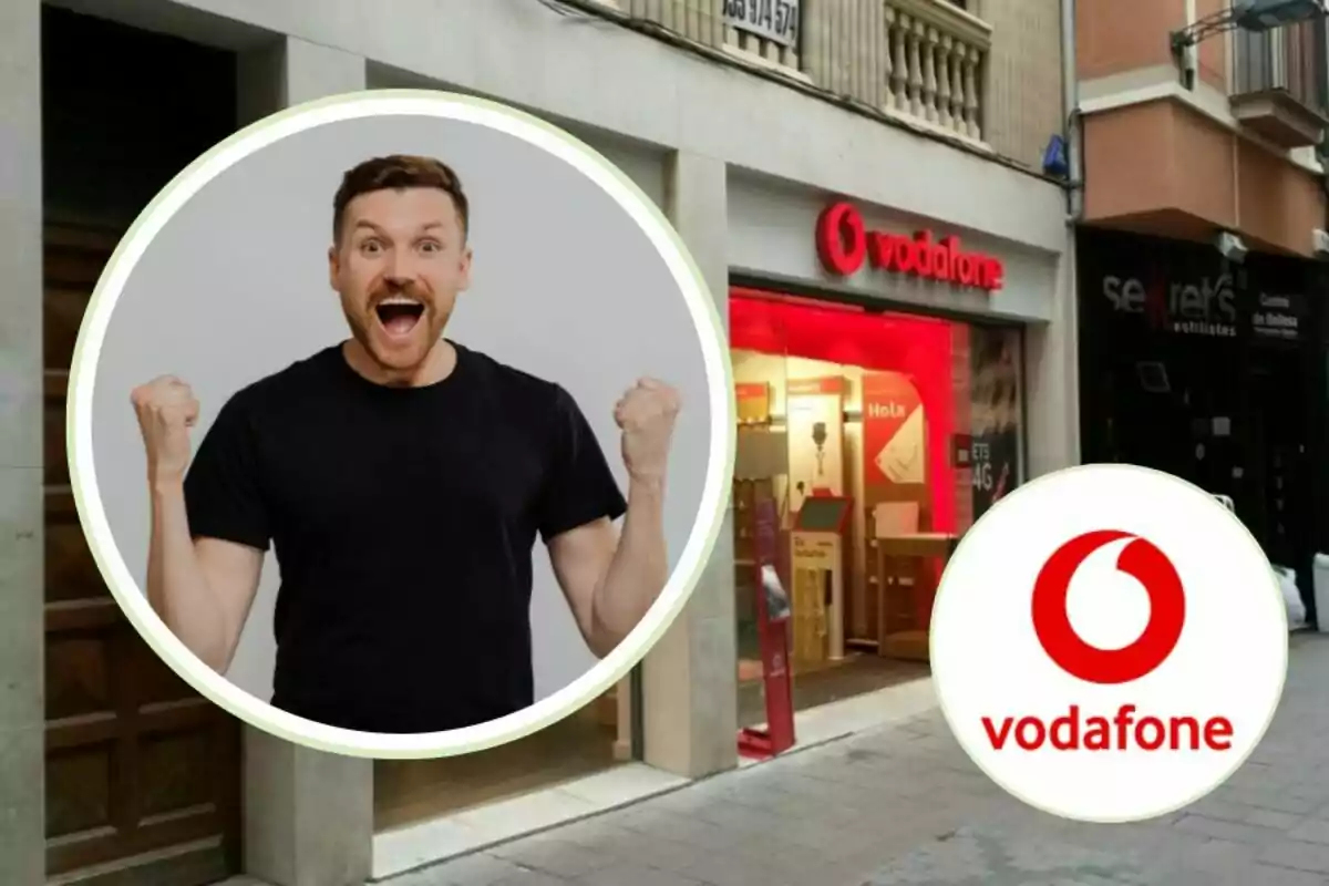 Home emocionat amb samarreta negra al costat d'una botiga de Vodafone i el logotip de Vodafone.