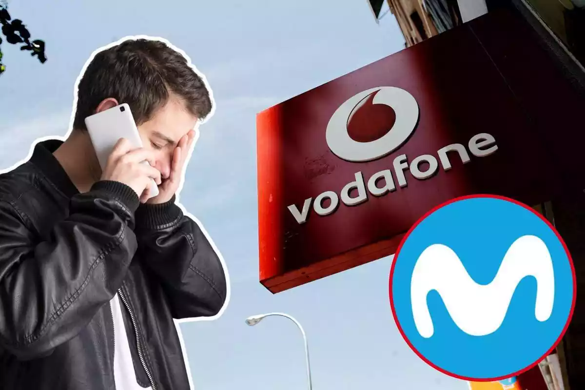 Imatge de fons d'un logotip en una botiga de Vodafone, amb una altra d'un logotip de Movistar i una altra d'un home amb un telèfon mòbil preocupat