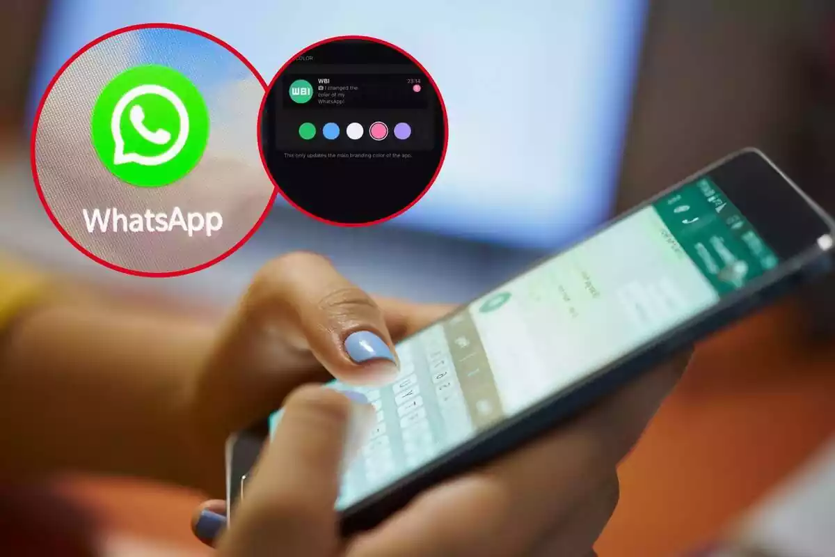 Imatge de fons d'una persona utilitzant WhatsApp en un mòbil, i dues imatges més, una d'un logo de l'aplicació i una altra dins dels ajustaments d''aparença' de WhatsApp