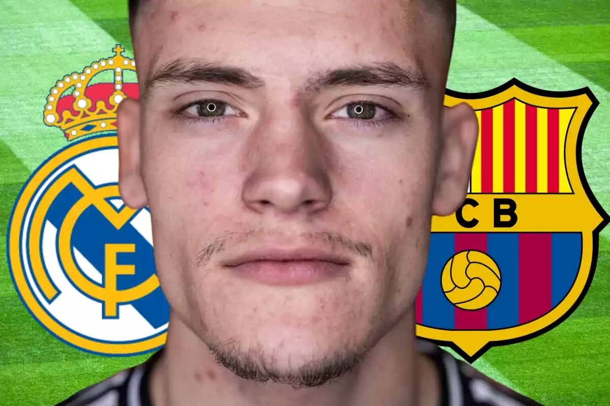 Florian Wirtz in the foreground with the FC Barcelona and Real Madrid shields at his side