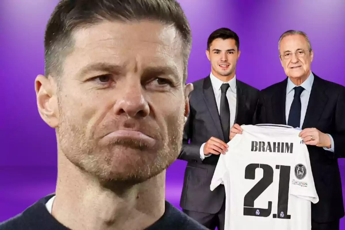 Close-up of a man with a serious expression, and in the background, two people in suits are holding a soccer jersey with the name Brahim and the number 21 against a purple backdrop.