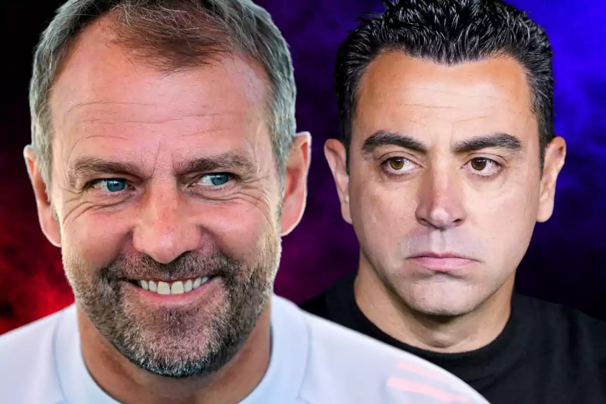 Xavi Hernández i Hansi Flick mirant-se l'un a l'altre