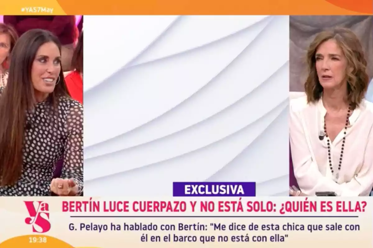 Isabel Rábago i Paloma García-Pelayo conversen en un programa de televisió amb un fons blanc i un text que menciona una exclusiva sobre Bertín. Captura de 'Y ahora Sonsoles'. Isabel Rábago i Paloma García-Pelayo conversen en un programa de televisió amb un fons blanc i un text que menciona una exclusiva sobre Bertín. Captura de 'Y ahora Sonsoles'.