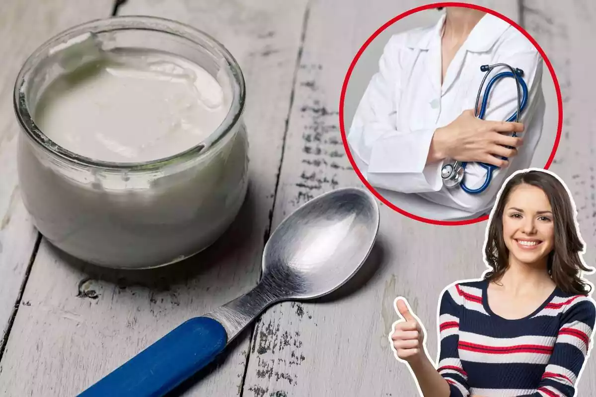Imatge de fons d´un iogurt en un pot de vidre amb una cullera i una altra d´un metge i una tercera d´una persona amb gest d´aprovació
