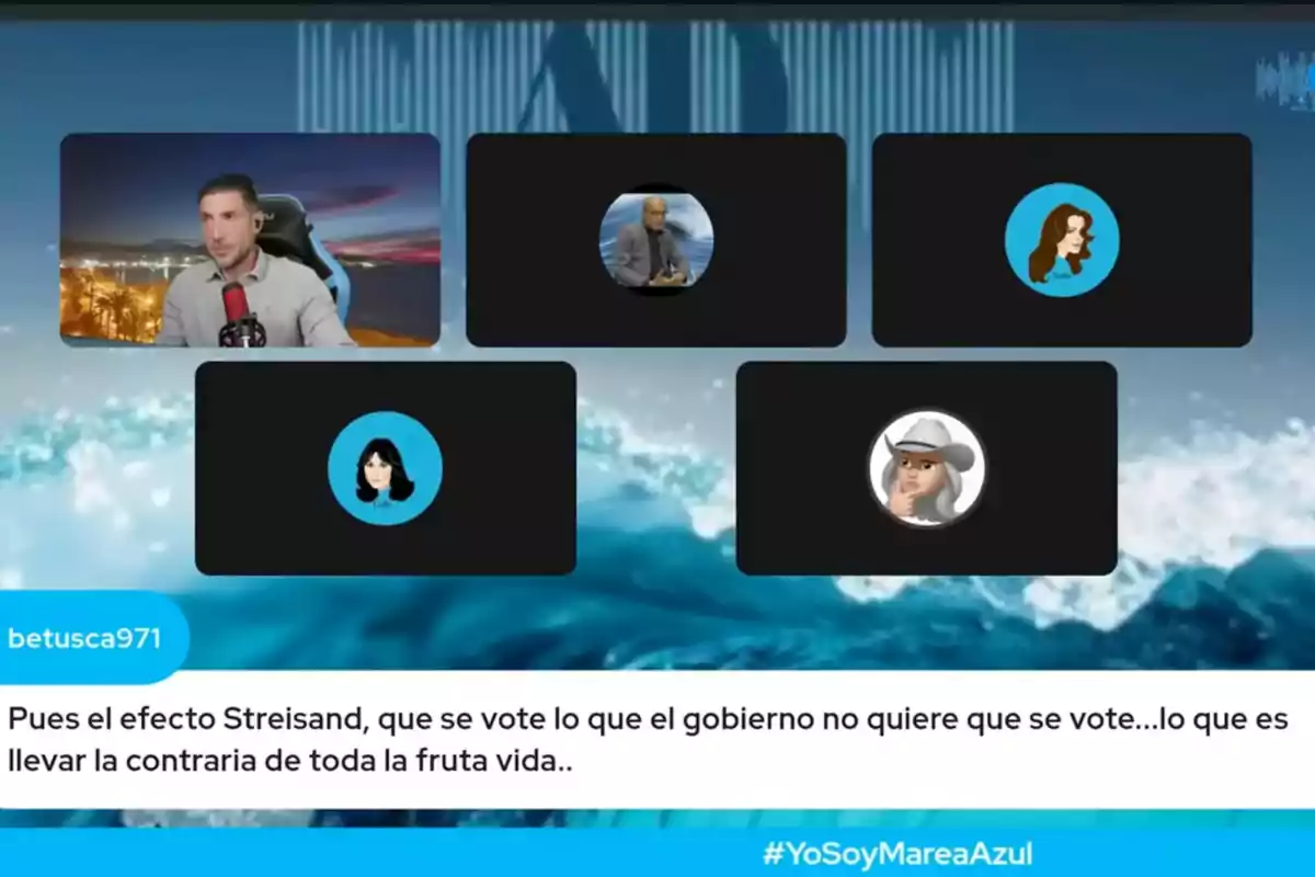 Una videotrucada amb cinc participants, un d'ells amb un fons de ciutat i micròfon vermell, mentre els altres tenen avatars o imatges de perfil. A la part inferior, un missatge de xat esmenta l' Una videotrucada amb cinc participants, un d'ells amb un fons de ciutat i micròfon vermell, mentre els altres tenen avatars o imatges de perfil. A la part inferior, un missatge de xat esmenta l'