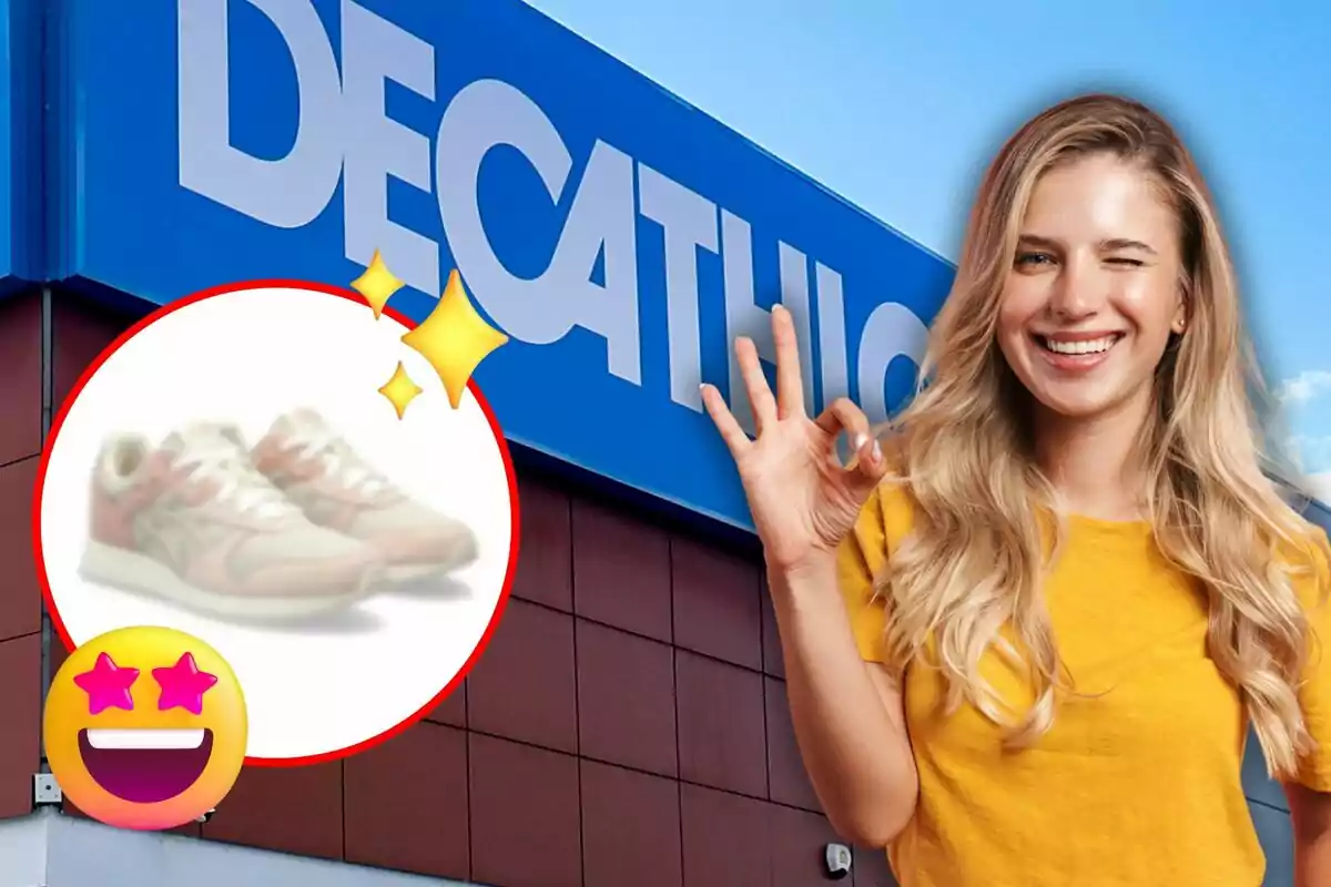 Una dona somrient amb samarreta groga fa un gest d?aprovació davant d?una botiga Decathlon amb una imatge de sabatilles esportives i emojis d?estrelles i cara feliç.