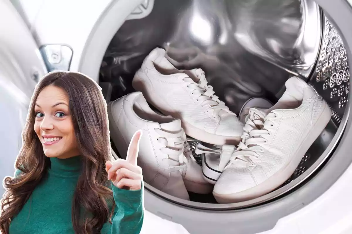 Imatge de fons d'una rentadora amb sabatilles blanques dins i una altra d'una dona assenyalant la rentadora