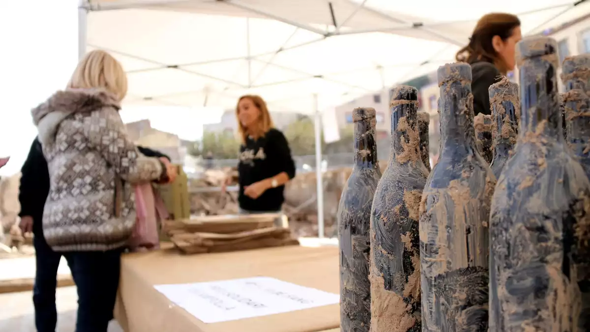Detall de les ampolles recuperades del fang del Celler Rendé Masdéu de l'Espluga de Francolí a la venda aquest divendres