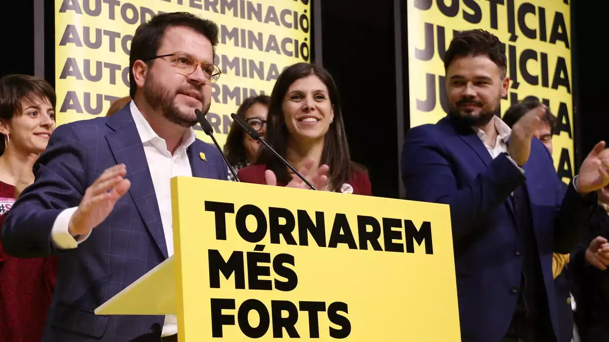 Aragonès, Vilalta i Rufián en acte de campanya