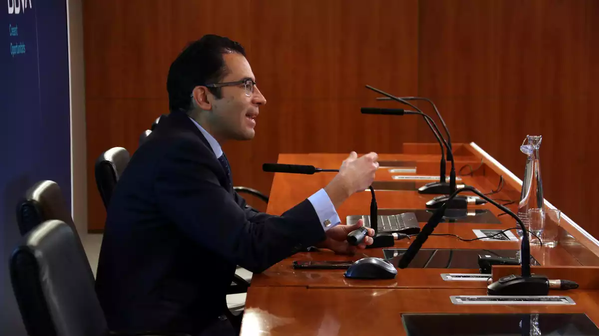 L'economista en cap per a Espanya de BBVA Research, Miguel Cardoso, en l'acte de presentació de l'informe 'Situació Catalunya'.