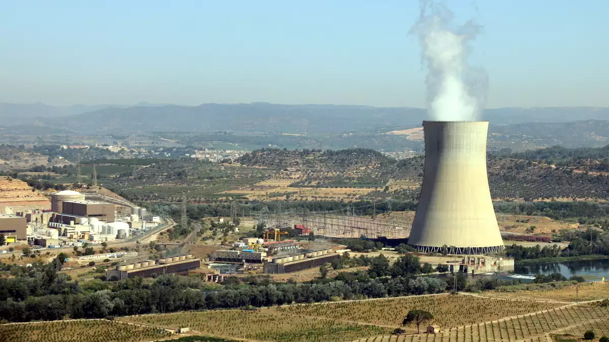 Imatge de la central nuclear d'Ascó, a la Ribera d'Ebre, amb la xemeneia fumejant a la dreta i els dos reactors a l'esquerra