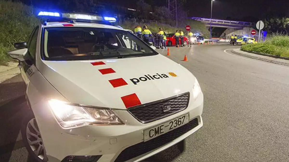 Un vehicle dels Mossos d'Esquadra durant un control amb diversos agents al darrere