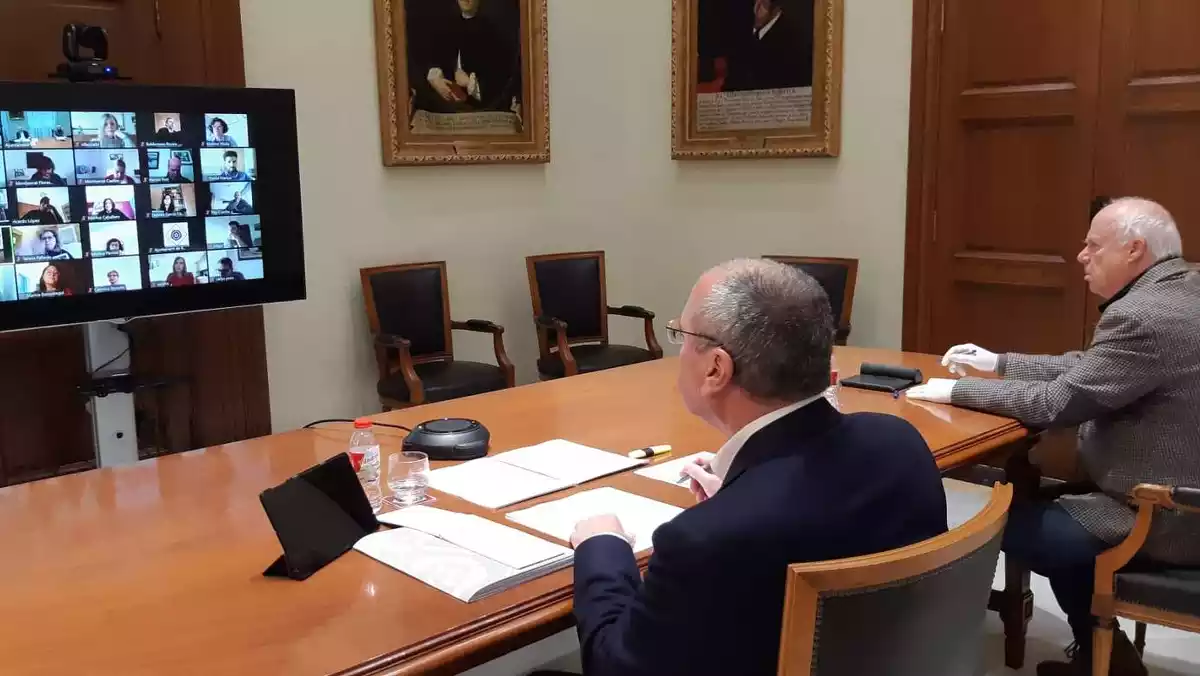 Carles Pellicer i Jaume Renyer durant el ple telemàtic, amb una pantalla de videoconferència al davant