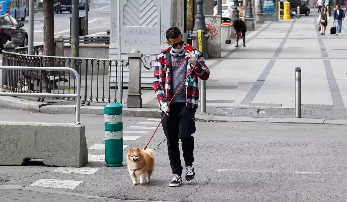 Un home passeja el seu gos pels carrers de Madrid durant el confinament per coronavirus el 15 de març de 2020