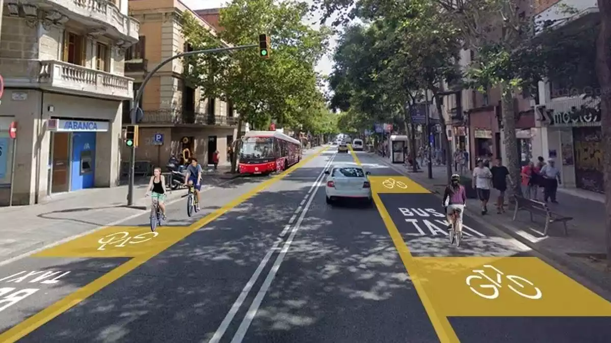 Corredor-bici a Carrer de Sants - Creu Oberta. Nova planificació urbanística de l'Ajuntament de Barcelona per fer front al coronavirus, presentada el 25/04/2020