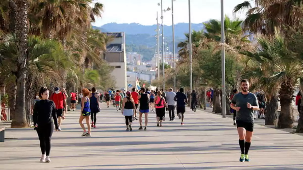Imatge del passeig marítim de Badalona amb moltíssima gent fent esport